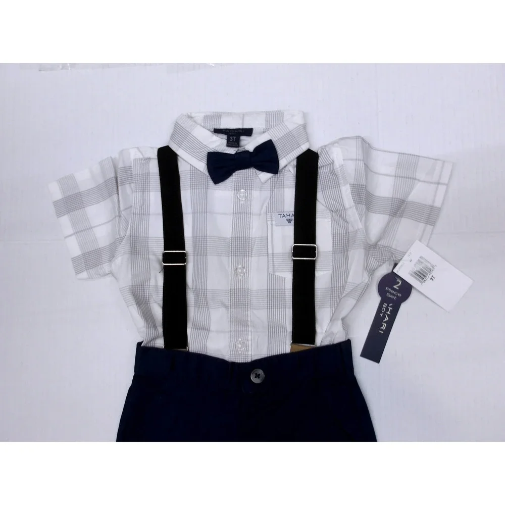 Tahari Boy 4-Piece Set‎ Navy Plaid Shirt Pants Suspenders Bow Tie Sz 3T /#26559